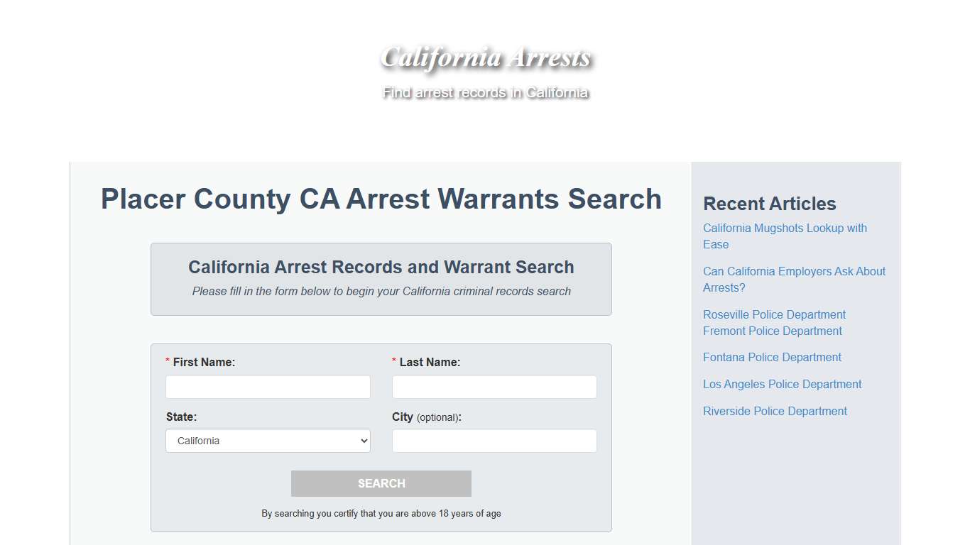 Placer County CA Arrest Warrants Search - California Arrests