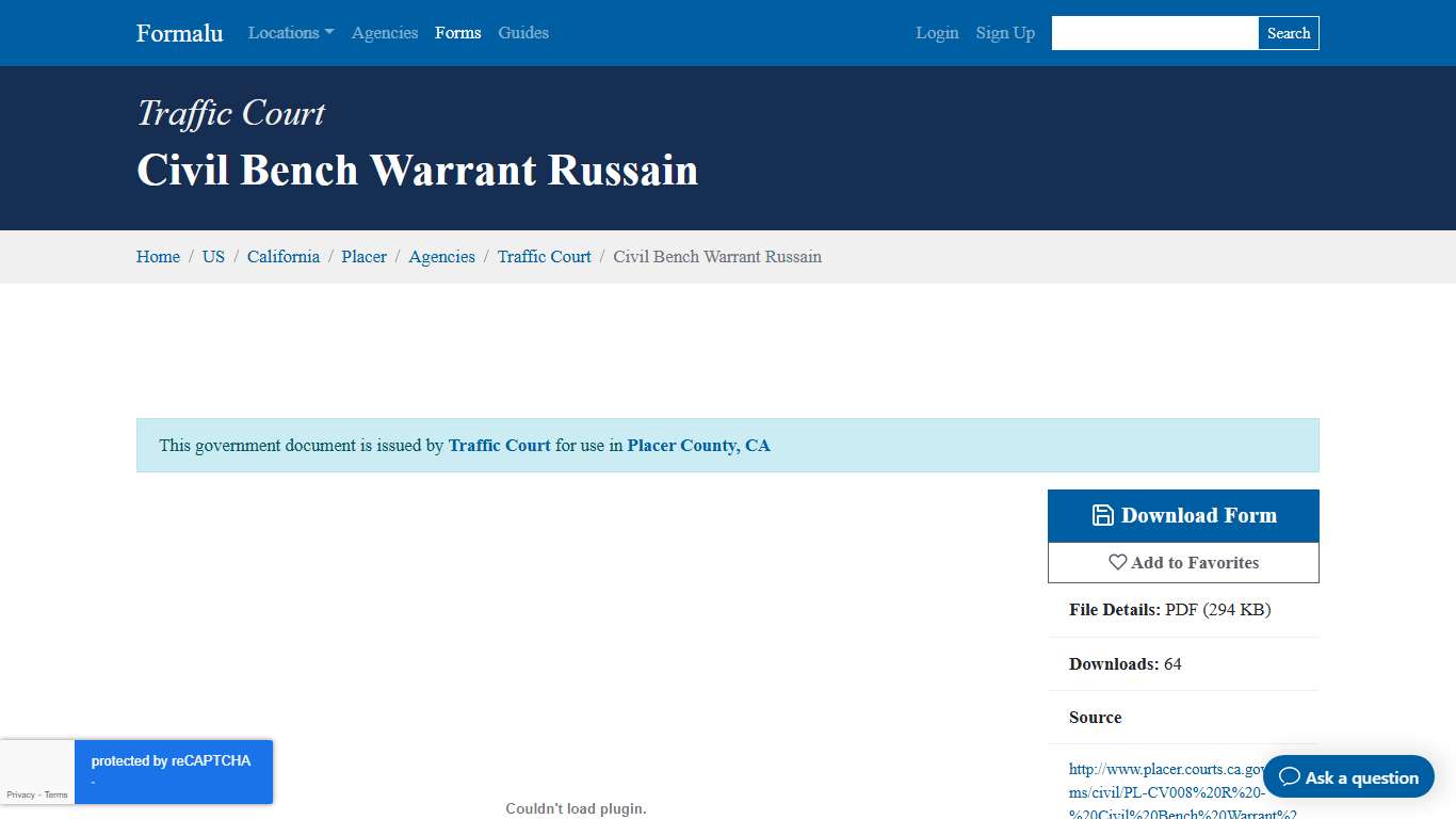 Civil Bench Warrant Russain – Traffic Court Government Form in Placer County, CA – Formalu