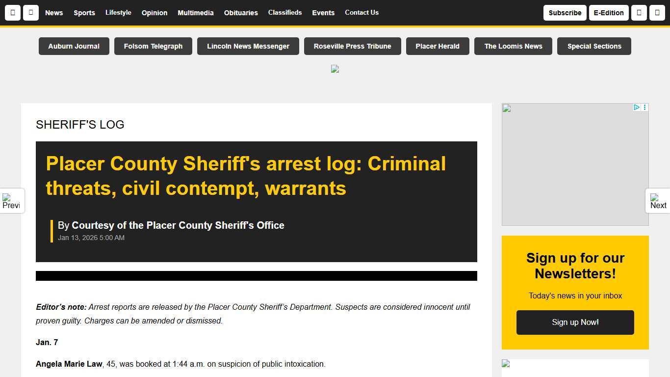 Placer County Sheriff's arrest log: Criminal threats, civil contempt, warrants | Gold Country Media